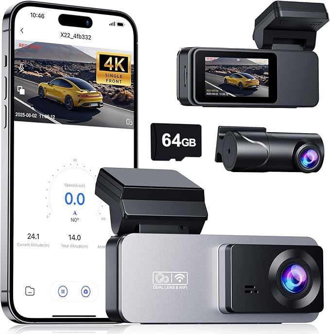 Dash Cam Front and Rear, 4K Front Dash Cam, 3K+1080P Dual Dash Camera for Cars, Built-in WiFi, Car Dashcams with Night Vision, Free 64GB Card, 24H Parking Mode, App Control, Silvery