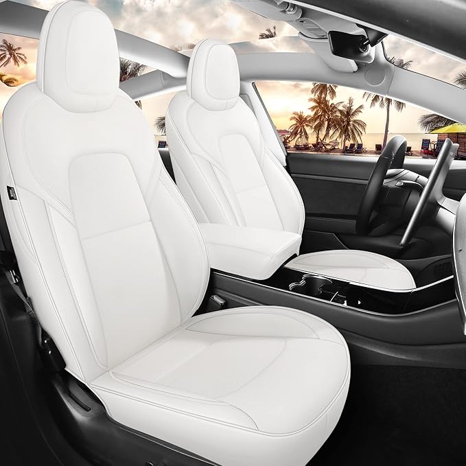 White Car Seat Cover for Tesla Model 3 2017 2018 2019 2020 2021 2022 2023 Waterproof Nappa Leather Seat Cover Full Set(White-Model 3)