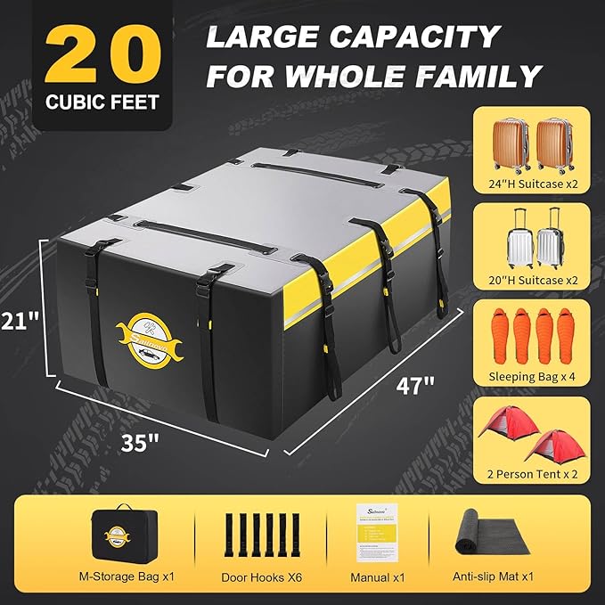 Sailnovo Car Rooftop Cargo Carrier Bag 20 Cubic, PVC Vehicle Soft-Shell Car Top Carrier for Cars with/Without Roof Rack, Waterproof Roof Bag Includes Anti-Slip Mat,10 Reinforced Straps, Yellow