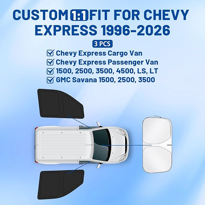 for Chevy Express 1996-2026 Front Windshield & Side Window Covers, Foldable 3-Piece Window Shades Set, Custom Fit Sunshade Visor for UV Rays & Heat Block, Cargo Van Accessories