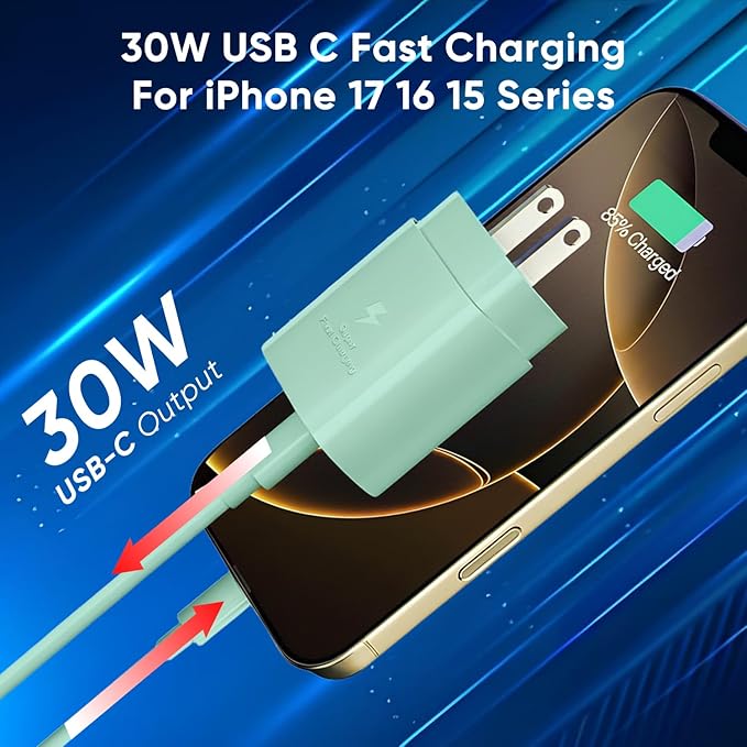 iPhone 16 15 Charger Fast Charging, 30W USB C Charger Block 10FT Cable for iPhone 15 16 Plus Pro Max/iPad Pro/AirPods, PD USBC Power Adapter Wall Plug with Extra Long Type C to C Cord (Green, 10FT)