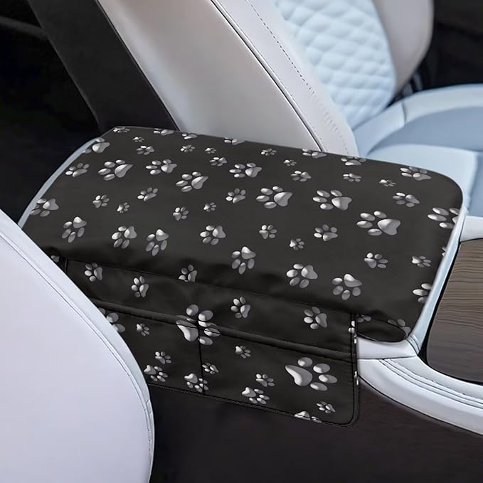 Dreaweet White Dog Paw Center Console Cover with Pockets Cute Car Accessories for Women Interior,Thick Arm Rest Cover for Car Truck SUV,Universal Car Armrest Cover Cushion Pad