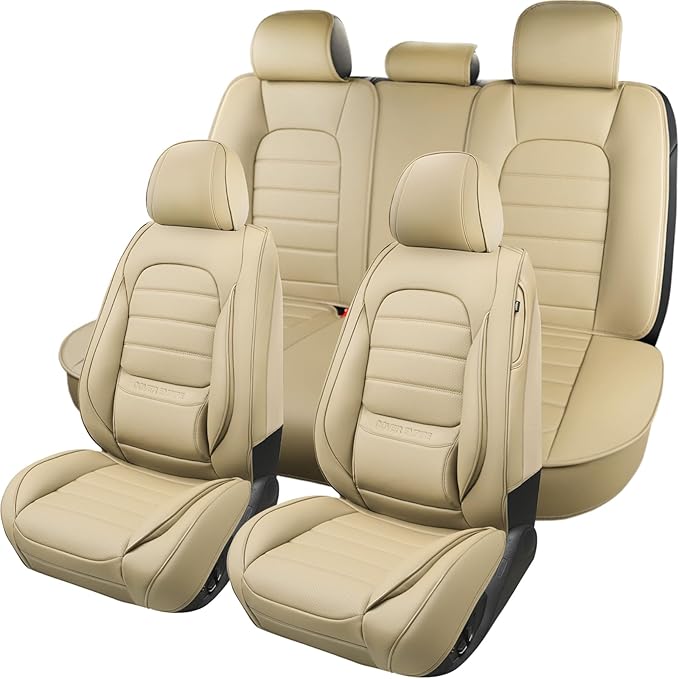 Car Seat Covers Full Set, 5Pcs Universal Leather Seat Covers for Cars, Waterproof Front and Rear Seat Covers, Breathable Automotive Seat Cover for Most Sedans, Trucks, SUVs, Beige