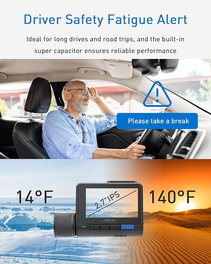 MAGELLAN DR50 3 Channel Dash Cam, 4K+2K Front Cabin Rear, Night Vision, Wide-Angle (170°), STARVIS 2 IMX678, Strong Mount, GPS, Wi-Fi App Control, 24H Parking Mode, Fatigue Alert, 64GB Card Included