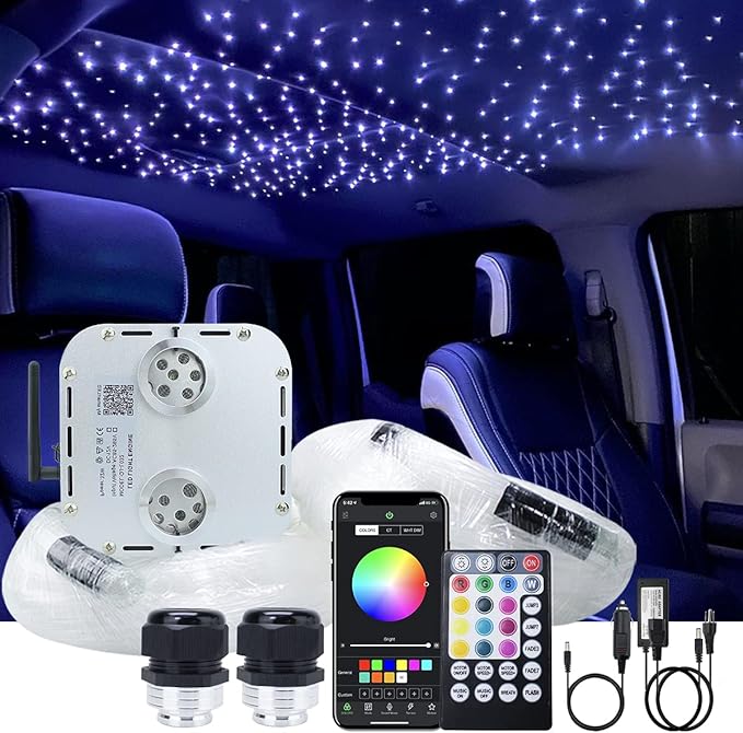 AKEPO 32W RGBW Twinkle+ Sound Activated+APP Dual Head Fiber Optic Lights Kit Star Ceiling Sky Light 16.4ft/5m Total 1330pcs of Mixed Fibers 0.75+1+1.5mm for Home Indoor Decor/Car Headliner Starlight