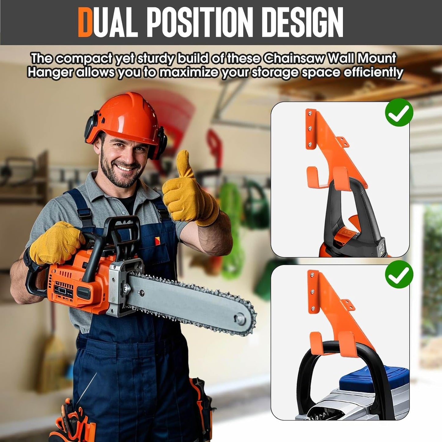 Chainsaw Hanger, Heavy Duty Chain Saw Stand 3-in-1 Wall Mount with Accessory Tool Hooks for Garage Shed Organizer Storage, Includes Mounting Hardware (2 Pack)