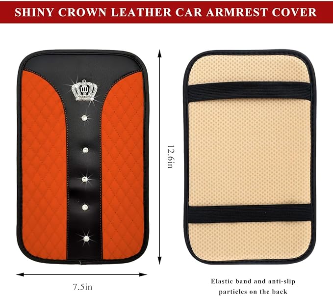 Bling Leather Car Center Console Cover, Anti-Slip Crown Armrest Seat Box Cushion Pad with Rhinestones, Waterproof Crystal Arm Rest Protector Interior Decor for Most Vehicles (Orange)