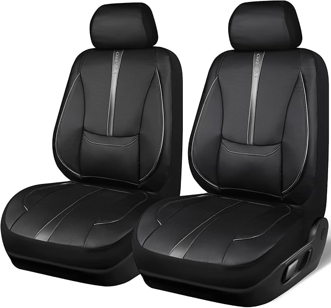 CAR PASS Nappa Leather Seat Covers Front, 3D Foam Support Water Resistant Faux PU Gray Leather Car Seat Covers 2 Pcs, Comfort & Universal Fit for Cars SUV Truck Most Vehicles (Black and Gray)
