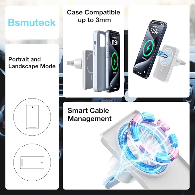 7.5W MagSafe Wireless Car Charger Mount Pro Strong Magnetic Vent Holder for iPhone 15/14/13/12 Series & More, 360° Rotation & Overheat Protection, White