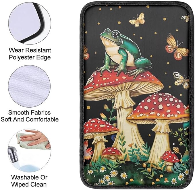 Mushroom Frog Car Armrest Pads Car Armrest Cushion Arm Rest Covering Car Middle Console Covers Non Slip Universal Fit for Truck Auto SUV Car Accessories