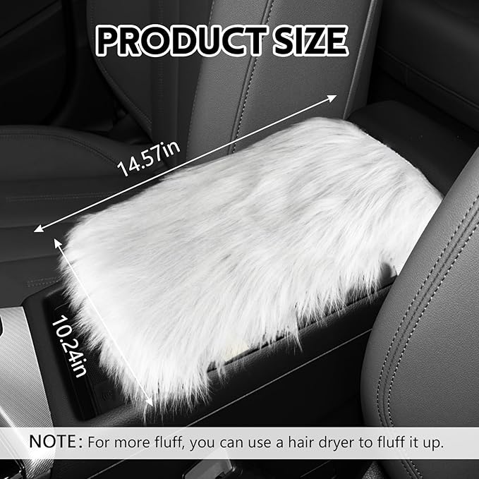 wuyaoyao Furry Car Armrest Cover, 12.1"×6.4" Soft Plush Car Center Console Cover, Winter Warm Fluffy Arm Rest Cover for Car, Auto Armrest Box Cover Protector, Universal Middle Console Pad (White)