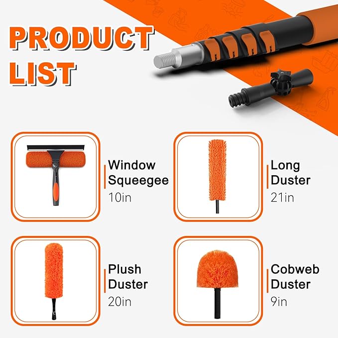 SISUPASSIE 36FT Reach High Ceiling Duster Kit, Window Cleaning kit with 7-30FT Extension Pole, Fan Duster for Ceiling Fan Blades, Microfiber Feather Duster, Rotatable Window Squeegee and Cobweb Duster