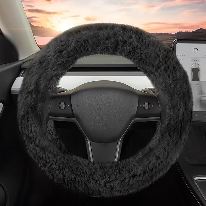 Carbella Aspen Black Fuzzy Steering Wheel Cover for Women ‚Äì Cute and Stylish Fluffy Fur Steering Wheel Cover for Cars Trucks Vans SUVs, Universal Fit for Wheel Sizes 14.5 to 15.5 inches