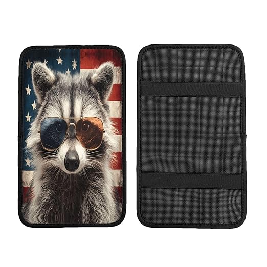 Cute Raccoon Sunglasses with American Flag Car Auto Armrest Cushion Cover Accessories Center Console Seat Box Pad Protector Universal Decoration for Most Vehicle SUV Truck