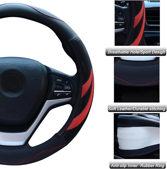 Alusbell Microfiber Leather Steering Wheel Cover Breathable Auto Car Steering Wheel Cover for Women and Men Universal 15 Inches Red