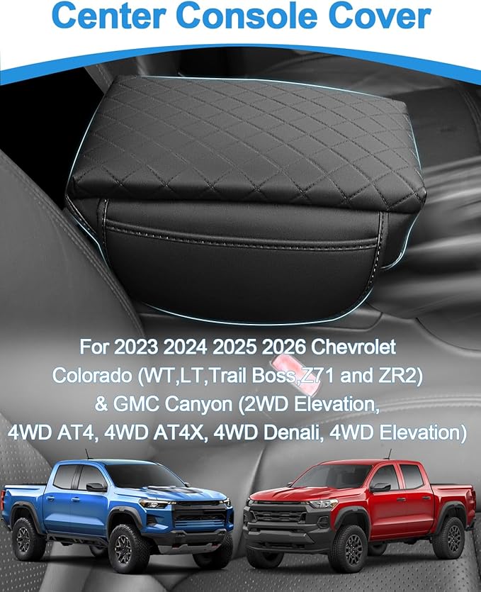 Center Console Cover for Chevy Colorado/GMC Canyon 2023 2024 2025 2026 PU Leather Armrest Cushion Pad with Side Pocket Middle Console Lid Protector Colorado Interior Accessories (Colorado 23-26 pad)