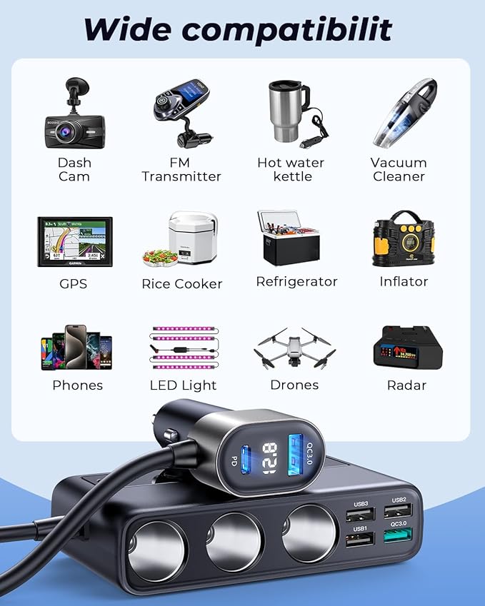 9 in 1 Cigarette Lighter Splitter, JOYROOM 210W Cigarette Lighter Adapter with PD/QC 3.0 * 2 Charge(3.3FT Cable), 12V/24V Independent Switches DC Cigarette Outlet Car Charger for All Car Devices