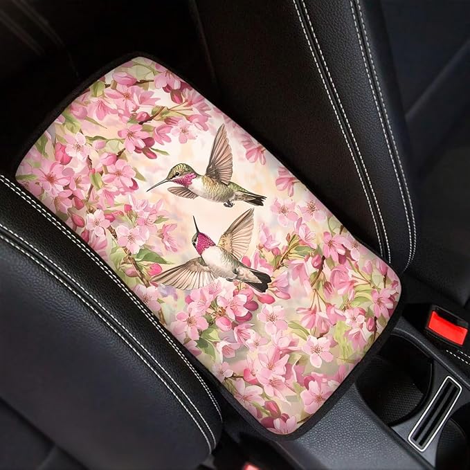 Pink Flower Hummingbirds Universal Center Console Armrest Soft Pad Protector Cover Center Console Cushion Fits for Most Vehicle,SUV,Truck Car Accessories