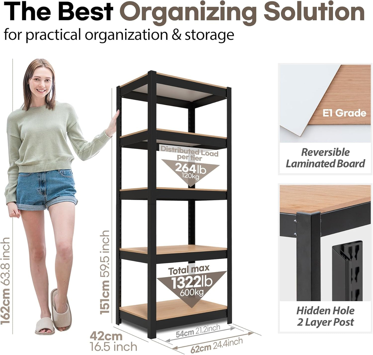 HOMEDANT House Black 5 Tier 24.4" W Laminated Metal Shelving Unit Adjustable Storage Utility Rack Heavy Duty Shelves Organization Multipurpose Shelf Kitchen Garage Pantry Closet 3 Pack