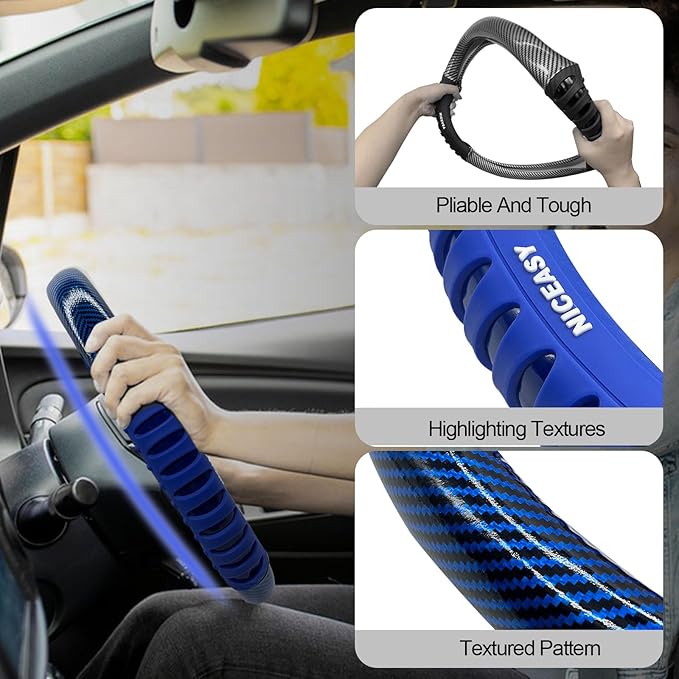 Sport Style Blue PU Leather Steering Wheel Cover with Bright-Blue Sport Grip Anti-Slip Breathable Steering Wheel Accessory Universal Fit 14.75-15 inch