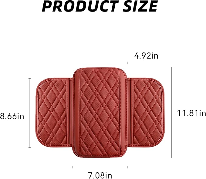 Car Center Console Cover, Leather Vehicle Arm Rest Cushion with 2 Storage Bags, Automotive Armrest Interior Seat Box Pad Accessories, Universal for SUV, Sedan, Truck (Red)