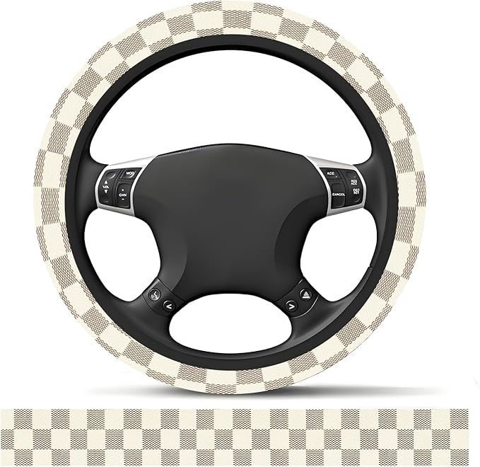 Elastic Car Steering Wheel Cover, Universal 15 inch Non-Slip Breathable Neoprene Steering Wheel Protector, Car Accessories for Women Men Fit Auto, Suvs, Truck Beige Checkerboard