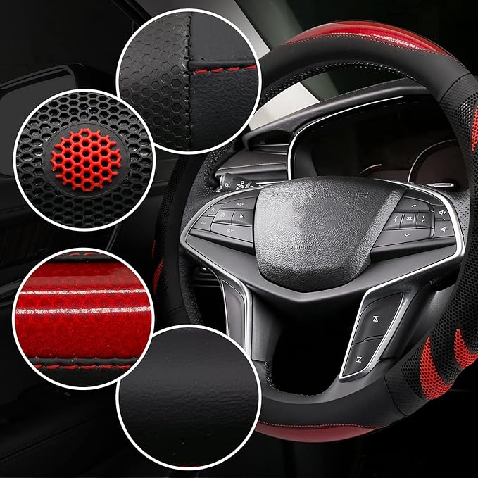 Sport Style Black Leather Steering Wheel Cover with Red Ripple-Style Grip Steering Wheel Accessory,Universal Fit 14.5-15.25 inch Steering Wheel
