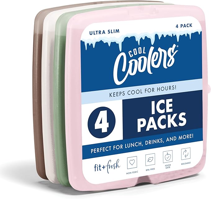Cool Coolers by Fit & Fresh Slim Ice Packs, Quick Freeze Reusable Ice Packs for Lunch Boxes & Coolers, Long-Lasting, Space Saving Lunch Ice Packs, Multicolor, 4Pk