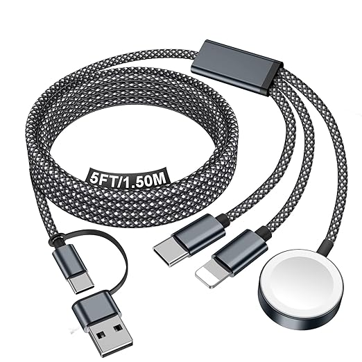 Travel Essentials for Apple Watch Charger,iPhone Charger,3 in 2 Type C/L/Magnetic Fast Charging Cable,Multi Charging Cable Portable Designed for iWatch Series,iPhone 17-11,Galaxy S26-S21,Car-5FT