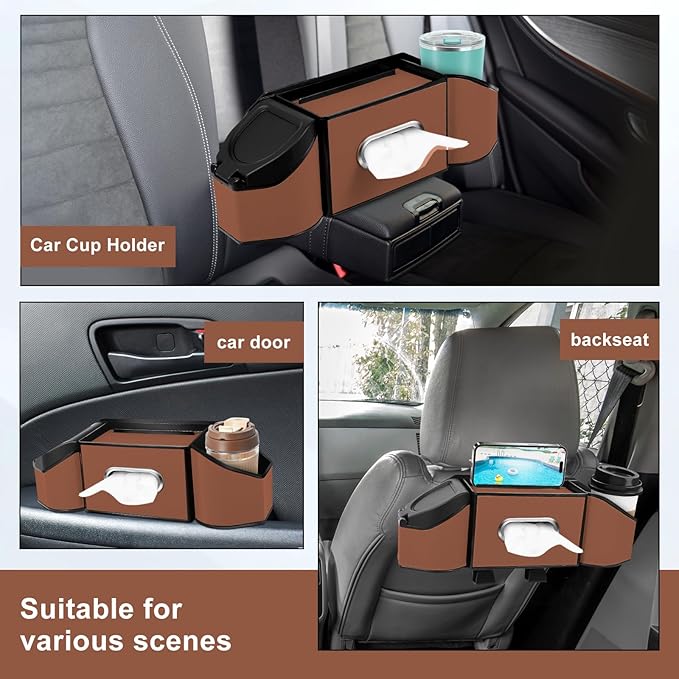 7-In-1 Car Seat Back Organizer with Cup Holders, Tissue Box, Garbage Can&Hooks, Multifunctional Headrest Storage Organizer, Headrest Cup Holder for Backseat, Car Accessories for Trips, Travels(Brown)