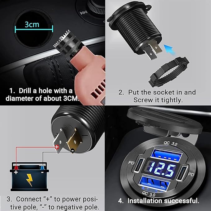 Upgraded 4 Port 12V USB Outlet, 78W Dual PD & QC Aluminum Alloy USB Ports with LED Voltmeter Waterproof for Cars, Cigarette Lighter Replacement 12V Socket for Boats RV Trucks and Motorcycles