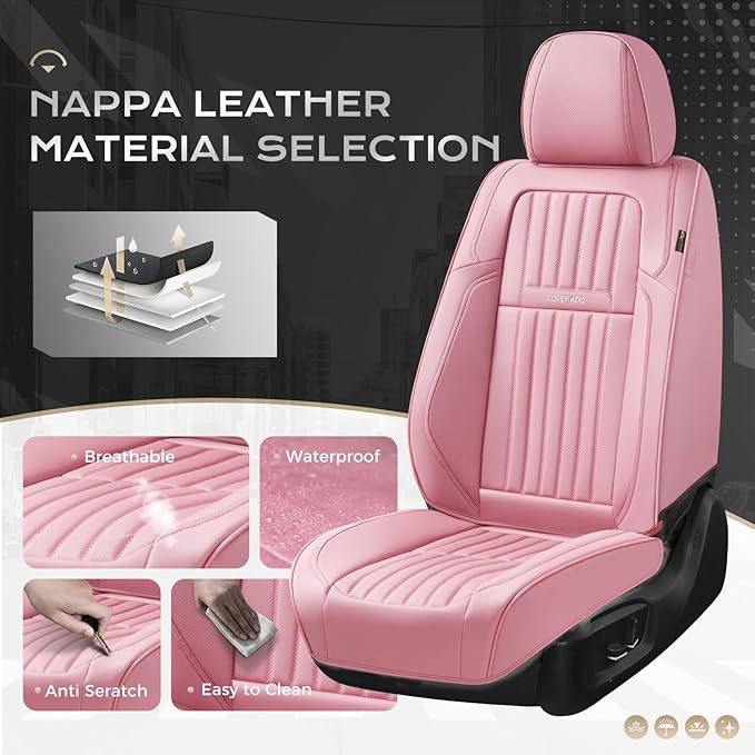 Coverado Car Seat Covers Front Seats, Seat Covers for Cars, Car Seat Protector, 2-Pack Car Seat Cushion Nappa Leather, Waterproof Seat Covers Carseat Cover Universal Fit for Most Cars Trucks(Pink)