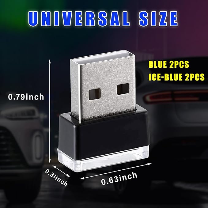 Augeny 4 PCS USB LED Car Interior Atmosphere Lamp, Plug-in USB Decor Night Light, Portable Auto Ambient Lighting Kit, Universal Vehicle Interior Accessories for Most Cars (Blue & Ice Blue)
