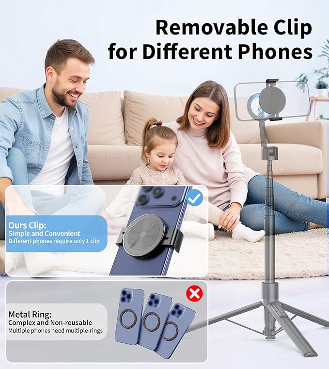 TONEOF Phone Clamp for Magnet with Metal Ring,Phone Mount Adapter for Magsafe Car Phone Holder,Quick Installation & Easy Removal Clip for All Phones/Magnetic Tripod/Magnet Mounts (Black,1 Pack)