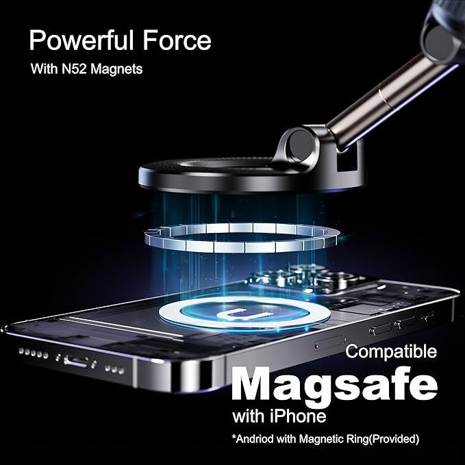 Magnetic Phone Holder for Car,Vacuum Suction Cup Phone Mount,Magsafe Car Mount for iPhone, No Need Charge,Folding Holder for iPhone and Android