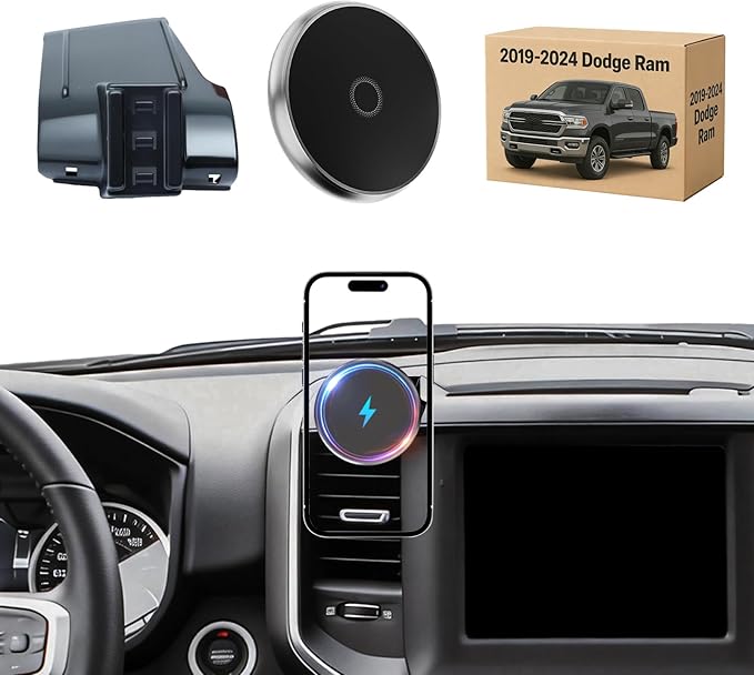 Phone Mount for Dodge Ram 1500/2500/3500 (2019-2024, 5" & 8.4"), 15W Wireless Charger, Magnetic Phone Holder, Dashboard Car Holder,360°,Hands-Free, 2022 Truck Driver Essentials(Not for Column Shifter)
