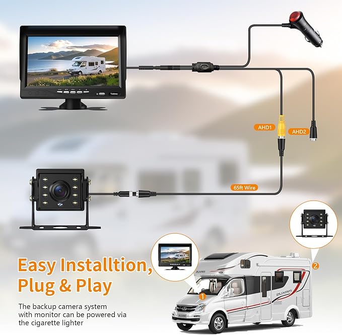 7" 1080P Wired Truck Backup Camera System, IP68 Waterproof Rear View Camera with Wide Angle View, Night Vision Reverse Camera for RV Trailer 12V-24V