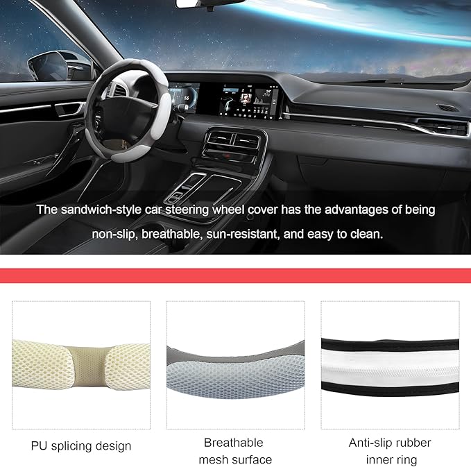 Car Steering Wheel Cover, 15" Breathable Ice Silk Auto Wheel Protector with Comfortable Grip, Anti-Slip Slip-on Steering Wheel Wrap Soft Hand Pad Cushion for Women Men (Gray)