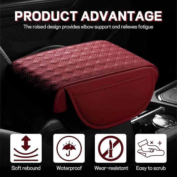 Car Armrest Cushion, 12.2"×8.3" Leather Auto Memory Foam Center Console Pad with Storage Pocket, Waterproof & Anti-Scratch Elbow Pillow Armrest Seat Box Protector, Universal Fit (Red)