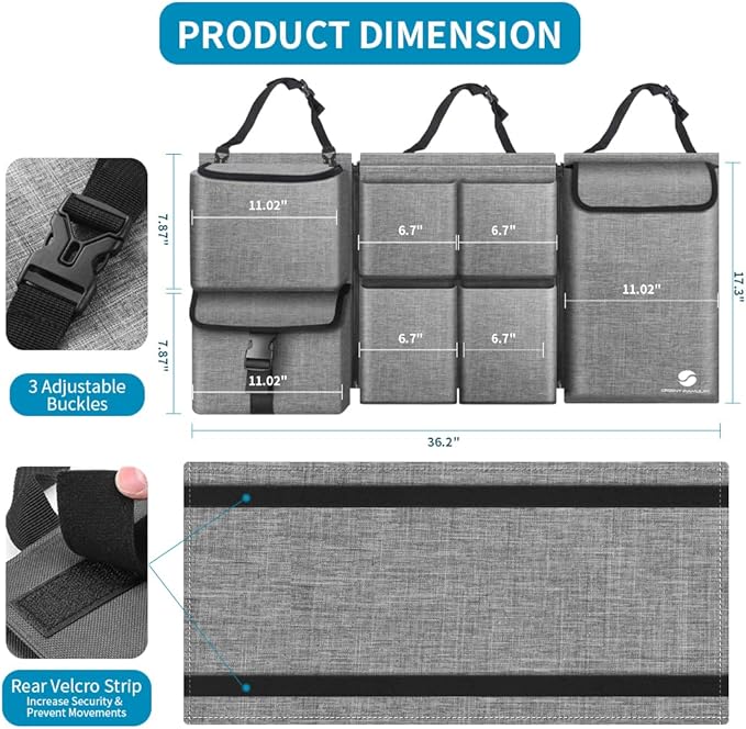 Car Trunk Organizer with Cooler, Hanging Organizers with Large Pockets, Zippers Detachable Seat Back Storage, Waterproof for Jeeps, SUVs, Grey