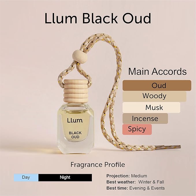 Llum Black Oud Hanging Car Air Freshener – Luxury Automotive Perfume Diffuser 10ml (0.34 fl oz), Long-Lasting Fragrance, Alcohol-Free Non-Toxic Car Scent, Glass Bottle With Wood Cap
