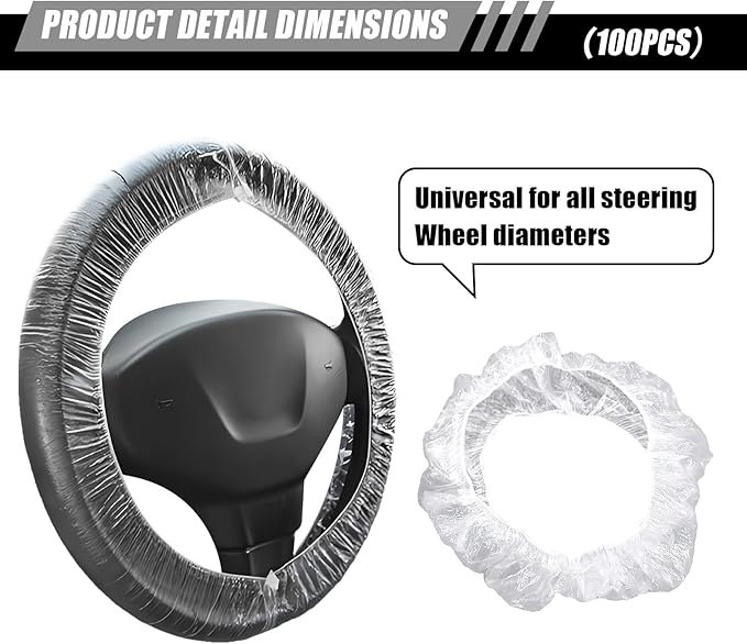 100PCS Disposable Steering Wheel Cover, Plastic Transparent Car Steering Wheel Covers with Elastic Trims, Universal Steering Wheel Protector, Interior Car Accessories