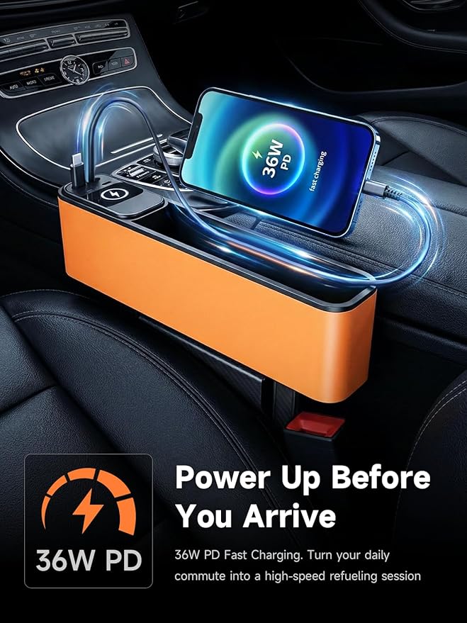 Elecshion Car Seat Gap Filler Organizer with 69W Retractable Car Charger, 2 USB Ports and 2 Charging Cable Car Seat Organizer, Seat Gap Storage Box for Sedans SUV Truck, Car Interior Accessories