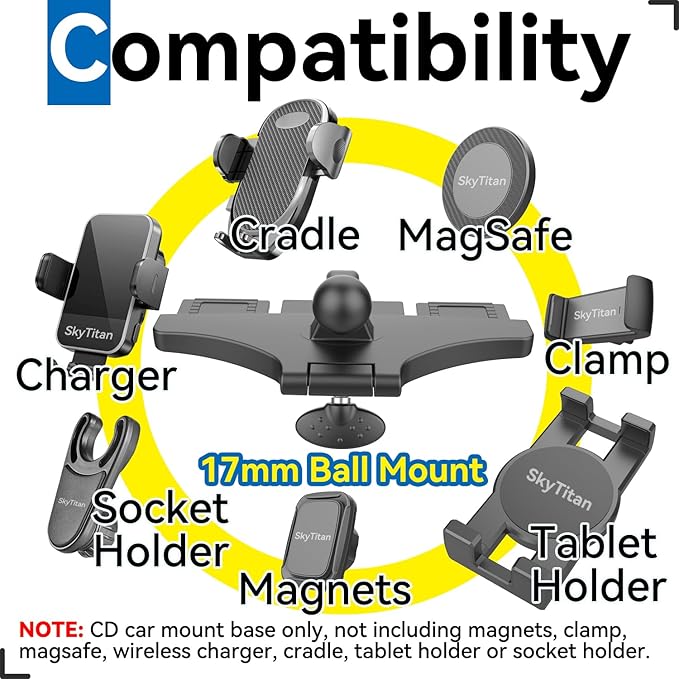 Replacement CD Slot Mounting Base 17mm Ball Mount Part for Car Phone Holder, Magnetic Mount, Tablet Holder, 360 Degree Rotation