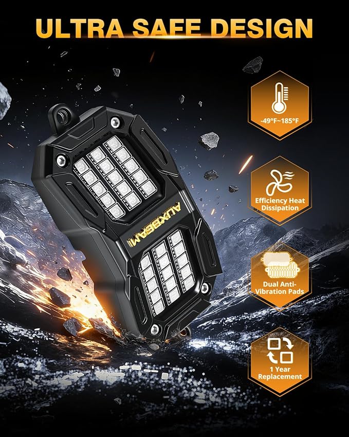 Auxbeam 2 Pods Dynamic Color Changing RGB LED Rock Lights No-Dark-Spot Bluetooth APP&Remote Control Music Voice Sync IP67 Waterproof Wheel Well Lights w/Brake Mode 1 Year Warranty (NO Controller)