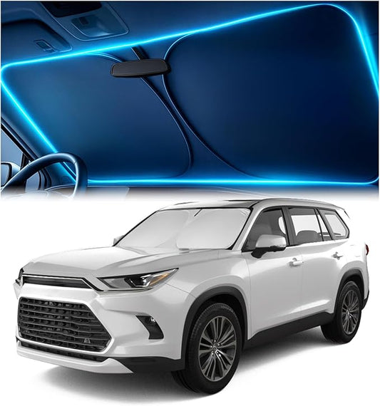 Windshield Sun Shade for Toyota Highlander L LE XLE Limited Platinum 2020-2026 – Custom Fit Sun Shield with Mirror Cut‑Out, Blocks Heat & UV, Foldable - Toyota Highlander Windshield Sunshade
