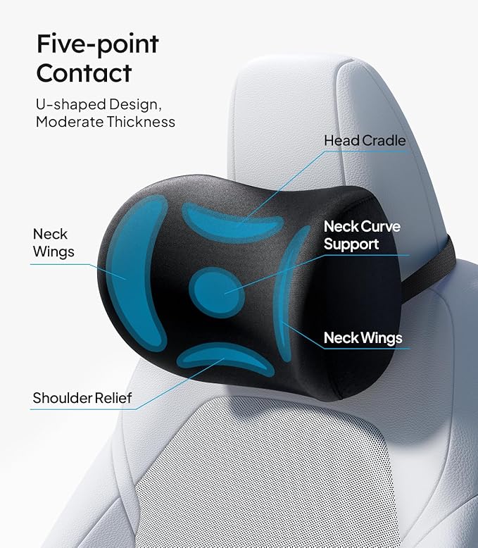 Wigoo 2026 Car Neck Pillow and Lumbar Support Pillow for Car Set [Ergonomic Design, Pressure Relief] Soft Car Headrest Pillow Back Cushion with Adjustable Strap, Fits All Vehicles (Black)