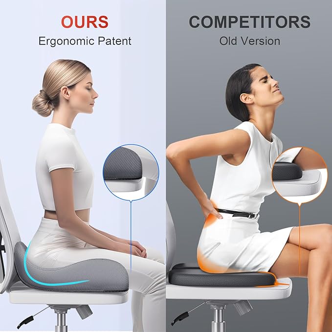 Benazcap X Large Memory Seat Cushion for Office Chair Ergonomic Cushions Butt Pillow for Pressure Relief Sciatica & Pain Relief Memory Foam for Long Sitting for Gaming Chair and Car Seat-Dark Grey