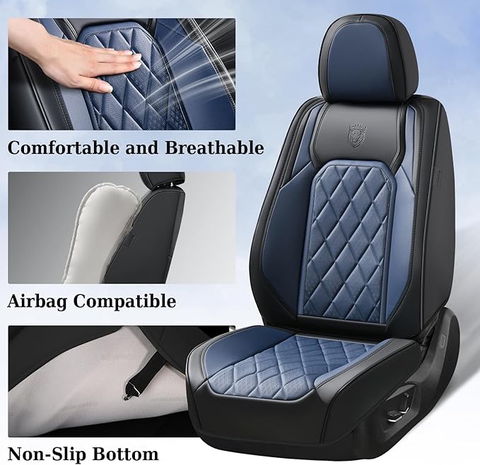 Coverado Seat Covers, Car Seat Cover Front Seats, Luxury Faux Leather Seat Cover, Black and Blue Seat Cover, Car Seats Protectors Waterproof, Automotive Seat Covers Universal Fit for Most Cars