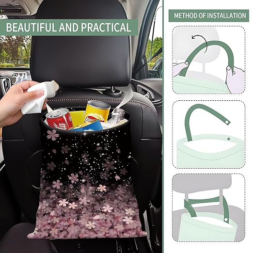 Cute Car Trash Can, Hanging Canvas Car Back Seat Organizer and Storage Bag, Funny Car Trash Bag For Travelling, Outdoor Cute Pink Sakura Blossom